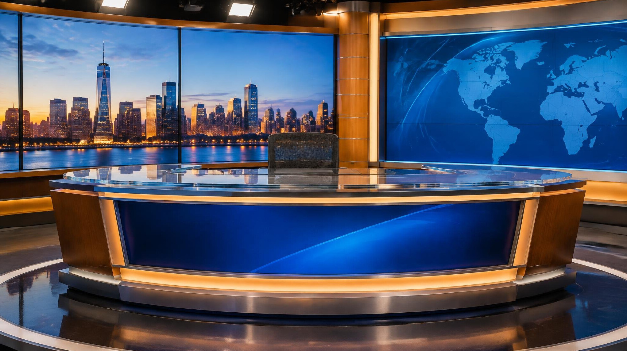 Television news desk set with lights and monitors