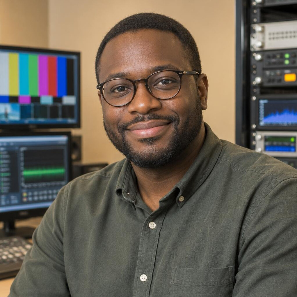 Portrait of a smiling Black man signal engineer with glasses