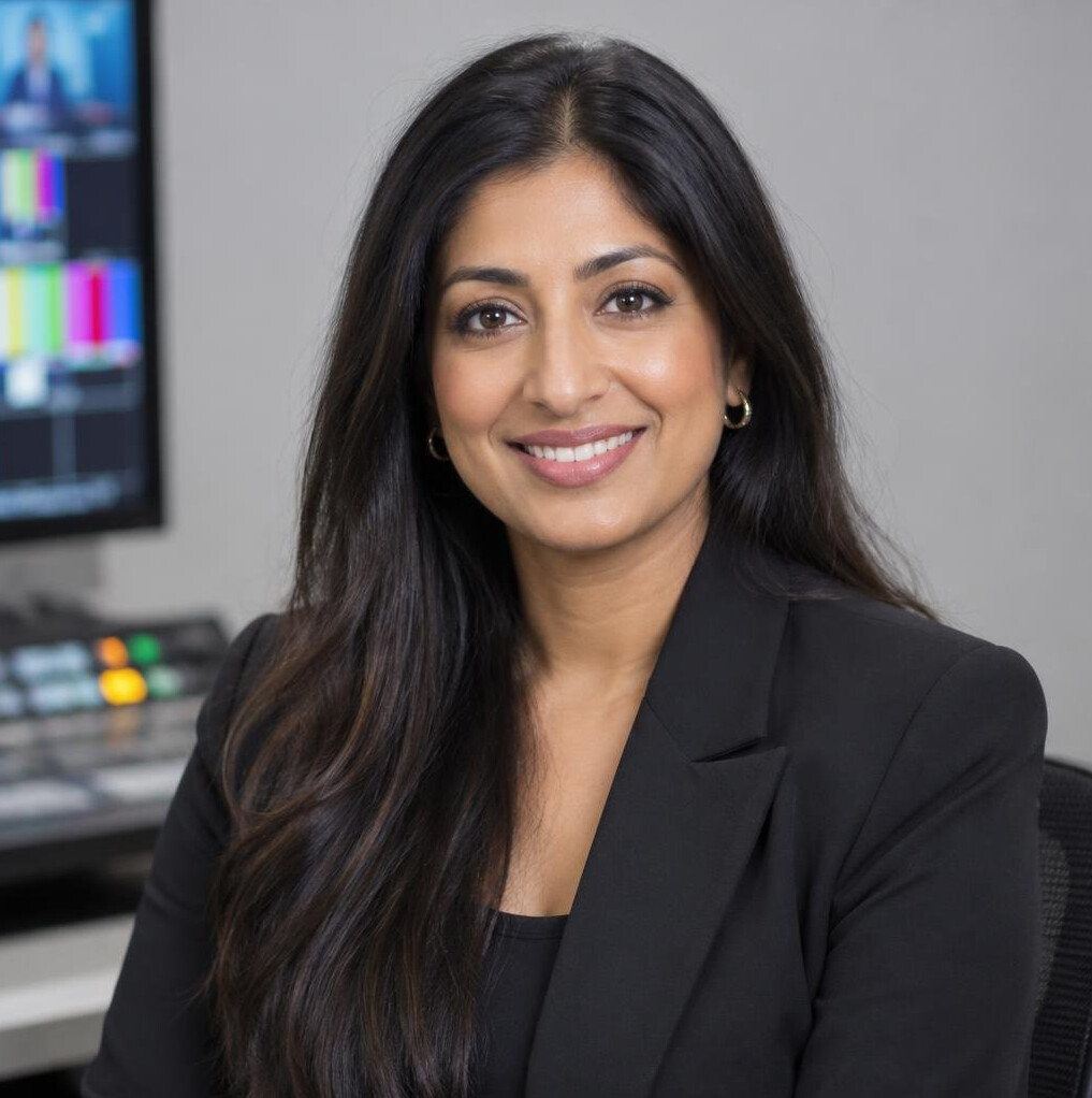 Portrait of a South Asian woman broadcast producer smiling