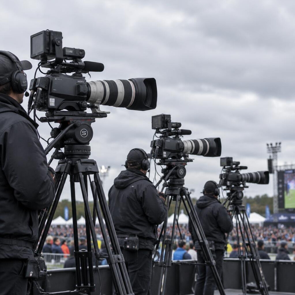 Three broadcast cameras set up at an outdoor event
