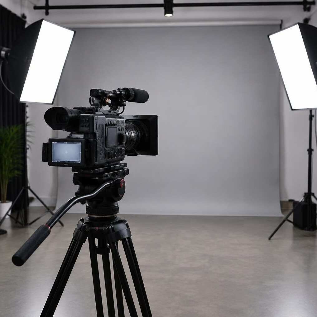 Single camera on a tripod in a small studio with soft lighting