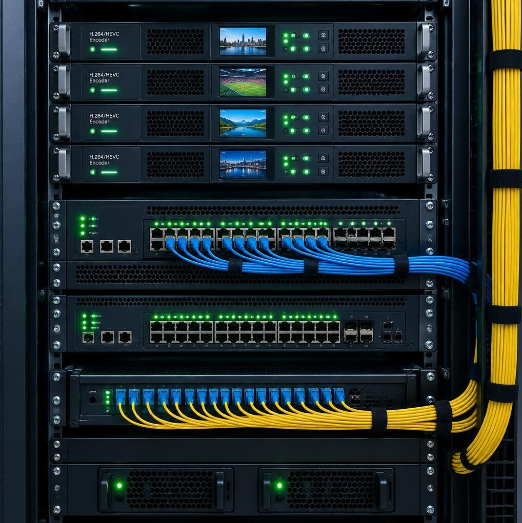 Rack of broadcast encoders and routers with glowing indicator lights