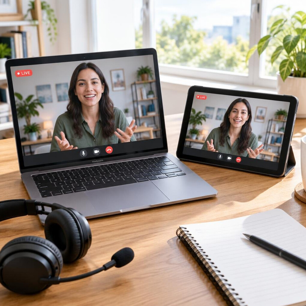 Laptop and tablet showing a live video stream on a desk