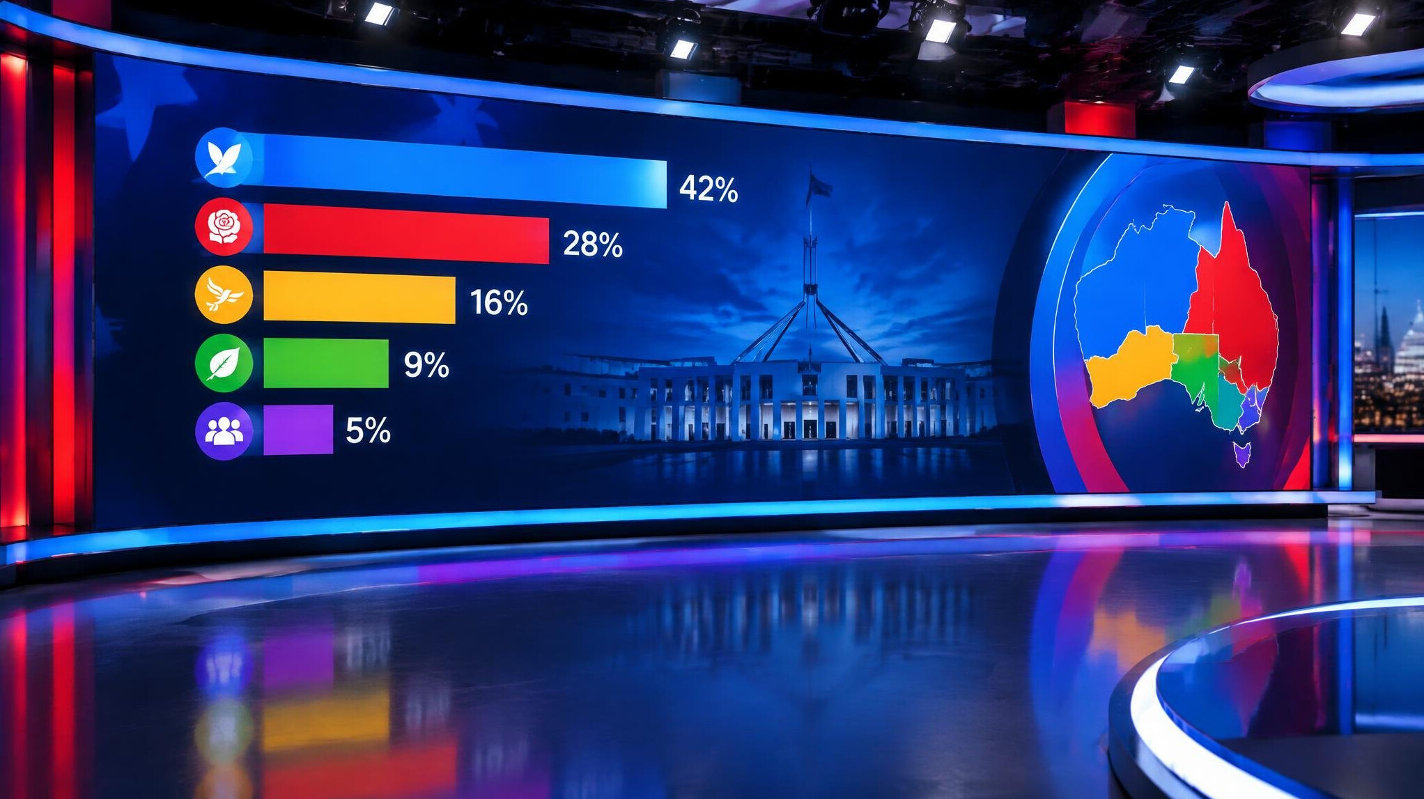 Large LED studio wall displaying election results graphics