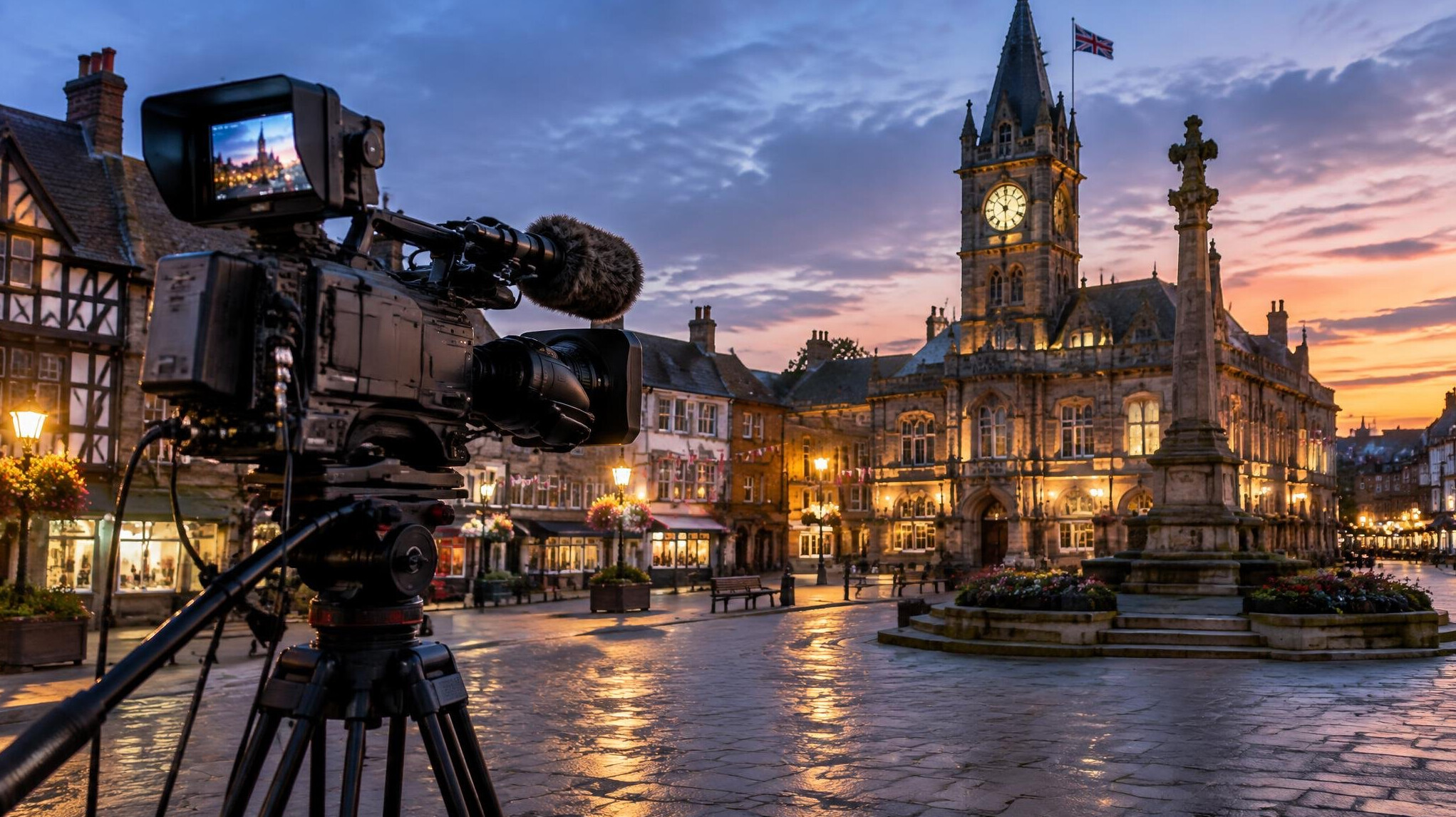 Outside broadcast camera on a tripod in a British town square at dusk