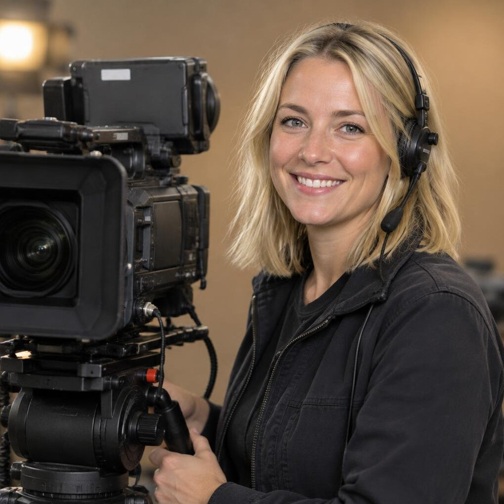 Portrait of a smiling young woman camera operator in a broadcast studio